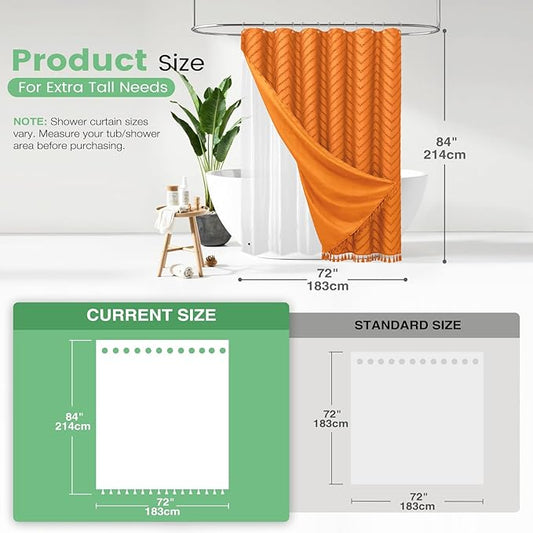 Dynamene Extra Long Shower Curtain and Liner Set - 84 inch Tall Boho Shower Curtain and Waterproof Clear Liner, Tufted Chevron Striped Tassel Shower Curtains for Bathroom, 12 Hooks, 72x84, Orange