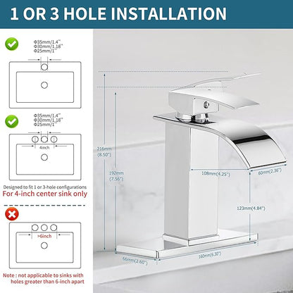 sagetta Waterfall Bathroom Sink Faucet Single Hole Faucet with Three Hole Cover Deck Plate, Pop up Drain and Water Hoses Stainless Steel Vanity Faucet, Chrome