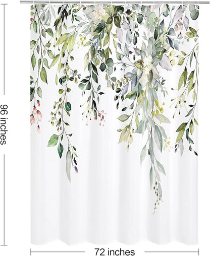 Sage Green Eucalyptus Shower Curtain, Floral Print, 72x96 | Watercolor Plant Leaves Floral Print, Waterproof Fabric Bathroom Decor, Machine Washable, Rustproof Grommets