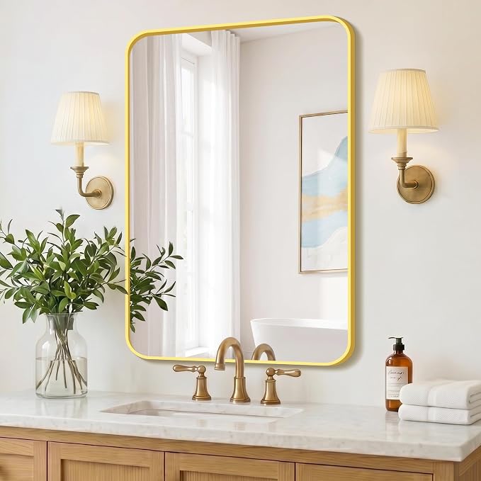 FICTOR Bathroom Mirror for Over Sink, 24"x36" Vanity Mirror for Wall, Gold | Shatterproof Tempered Glass, Anti-Rust Frame, Vertical/Horizontal Mounting, Wall Mirror for Bedroom, Living Room, Entryway