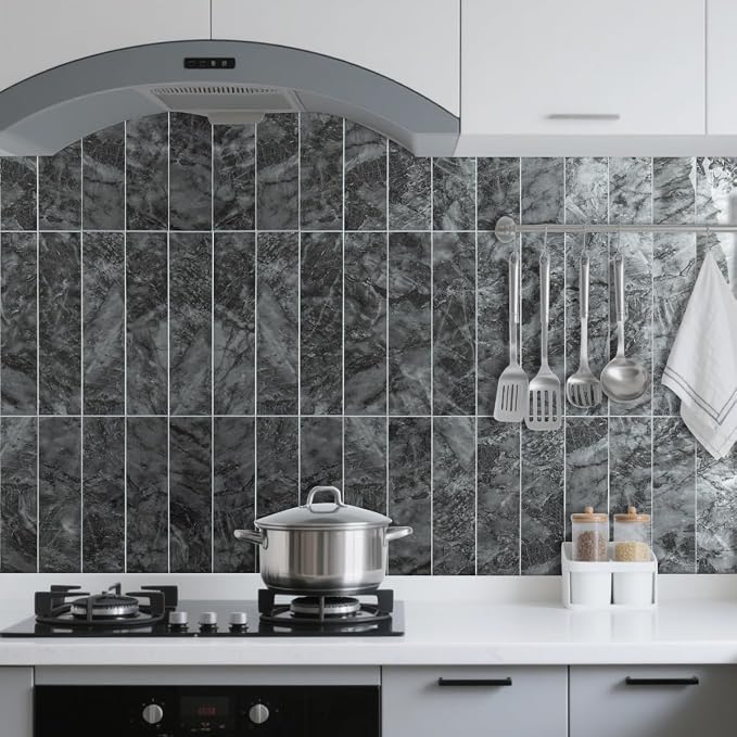 AULIGET 40-Piece Polished Dark Grey Marble Peel and Stick Backsplash Wall Tiles, 3" x 12" PVC Faux Stone Stick on Tiles for Backsplash Kitchen, Bathroom, Laundry Room, Camper, Fireplace
