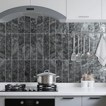 AULIGET 40-Piece Polished Dark Grey Marble Peel and Stick Backsplash Wall Tiles, 3" x 12" PVC Faux Stone Stick on Tiles for Backsplash Kitchen, Bathroom, Laundry Room, Camper, Fireplace