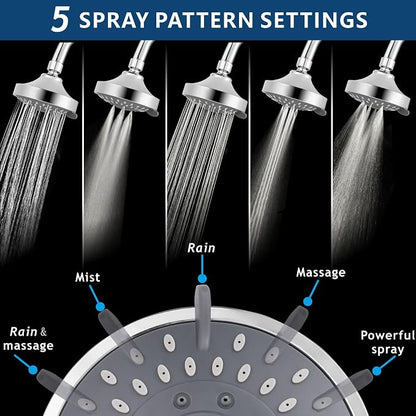 Voolan High Pressure Shower Head - 4 Inch Rain Showerhead - High Flow Bathroom Shower with 5 Spray Settings For a Luxury Showering Experience Even with Low Water Pressure (Chrome)