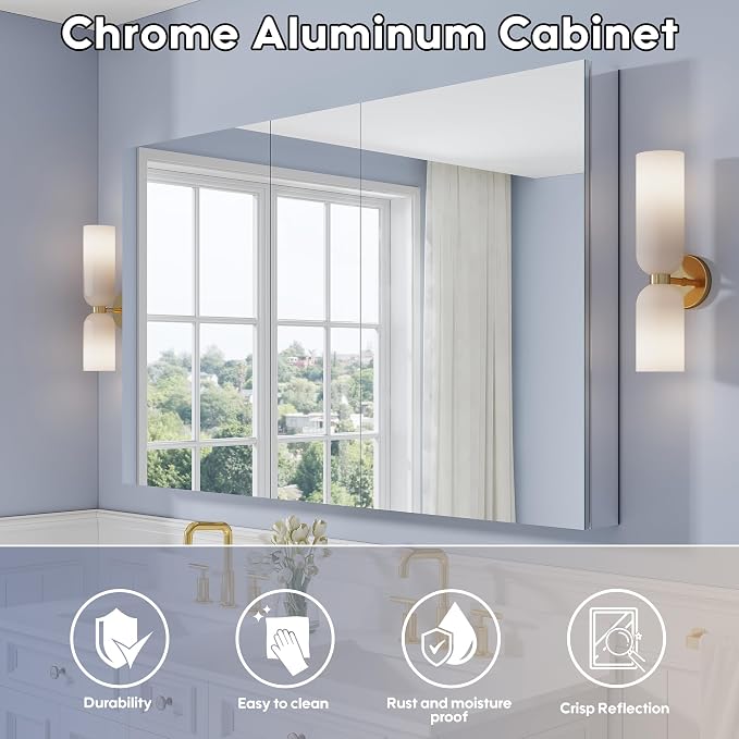 WELLFOR 60" x 36" Bathroom Medicine Cabinet with Mirror, Anodized Chrome Aluminum Frame, Surface Mount or Recessed Medicine Cabinet with Mirror, Bathroom Mirror with Storage, Three Doors