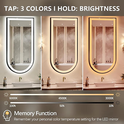 Arched LED Bathroom Mirror, 48"x24" Arch Backlit Vanity Mirror with Lights, Frontlit, Dimmable, 3 Colors, Memory Function, Anti-Fog Smart Mirror, Black Frame, Shatterproof, Vertical-Inverted