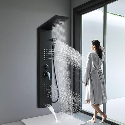 Black Shower Panel Modern Shower Tower System with Full Body Shower Jets System Handheld Spray Wall Mount Shower Panels Faucet