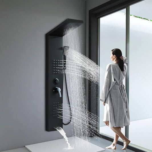 Black Shower Panel Modern Shower Tower System with Full Body Shower Jets System Handheld Spray Wall Mount Shower Panels Faucet