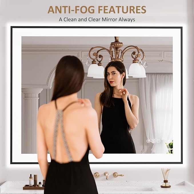LOAAO 40"X32" LED Bathroom Mirror Black Framed | Anti-Fog, Dimmable, Memory Function, Tempered Glass, Lighted Vanity Mirror for Wall