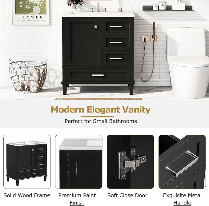 30" Bathroom Vanity with Smooth Ceramic Sink Combo, Free Standing Single Basin Vanity Set with 3 Drawers,Solid Wood Bathroom Cabine for Bathroom,Black