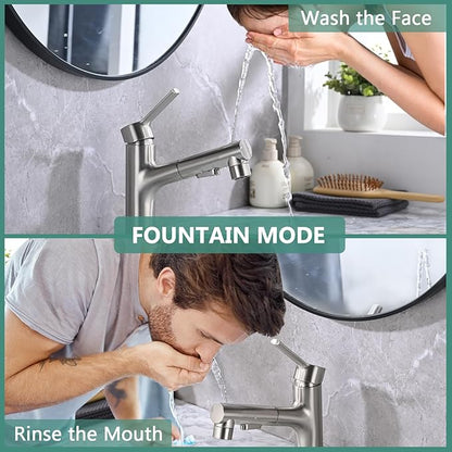 Bathroom Sink Faucet with Pull Out Sprayer, Single Handle Modern Bathroom Basin Faucet with Pop-up Sink Drain Stopper & Deck Plate 1 or 4-inch Centerset 3 Hole, Brushed Nickel