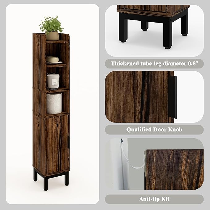 Small Bathroom Storage Cabinet, Corner Floor Cabinet with Door and Shelves, Narrow Toilet Paper Cabinet, Bathroom Organizer with Adjustable Shelf, for Small Spaces (Walnut, 5-Tier)