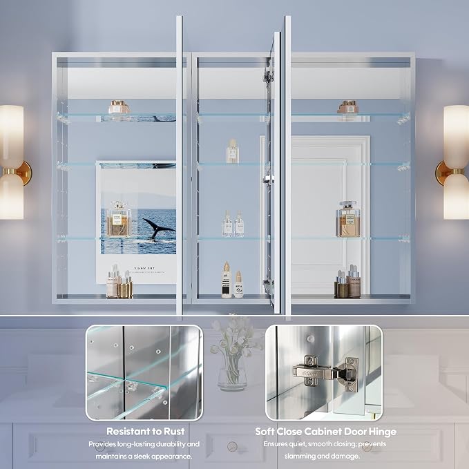 52" x 36" Bathroom Medicine Cabinet with Mirror, Anodized Chrome Aluminum Frame, Surface Mount or Recessed Medicine Cabinet with Mirror, Bathroom Mirror with Storage, Three Doors