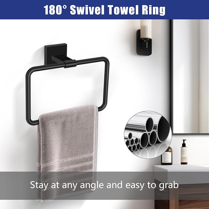 5 Pieces Matte Black Bathroom Hardware Set Black Towel Bar Set for Bathroom SUS304 Stainless Steel Wall-Mounted Towel Racks Set 23.6 Inch