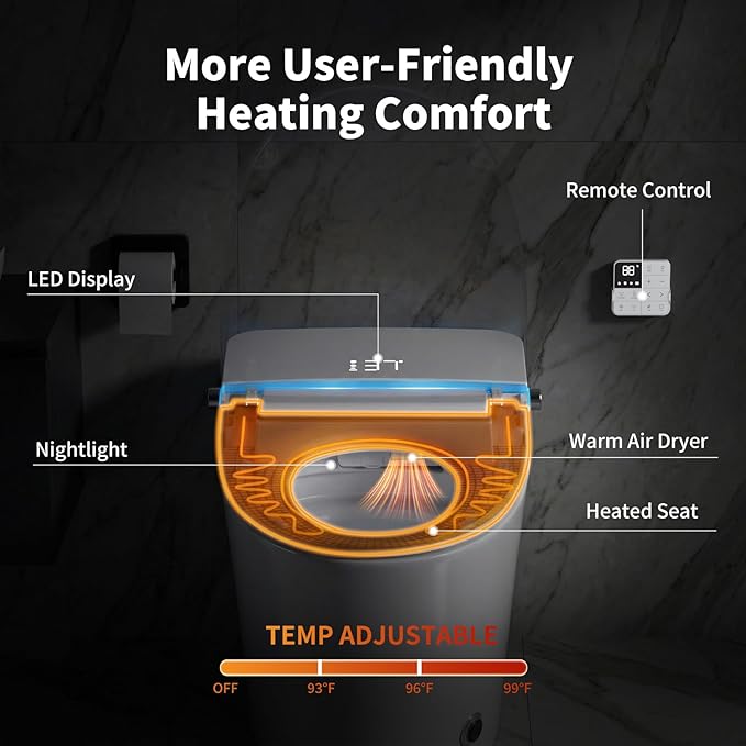 Smart Toilet with Bidet Built in by Onirap, Bidet Toilet with & Heated Seat, Tank Built in, Auto Flush and Close, Warm Water, Night Light and ADA Comfort Height for Bathroom,V12E