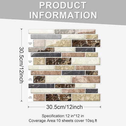 10 Sheets Peel and Stick Backsplash, Peel and Stick Tiles, Marble Look Wall Tiles Backsplash for Kitchen and Bathroom, Livingroom, 12"x12", Brown