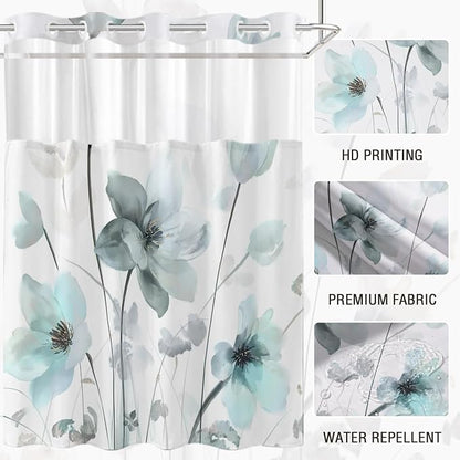 No Hook Shower Curtain and Liner Set, Teal Blue Boho Floral 71x84 | Watercolor Boho Flower, with Snap in Liner, Mesh Top Window, Waterproof, Machine Washable, Quick-Drying, for Hotel Bathroom