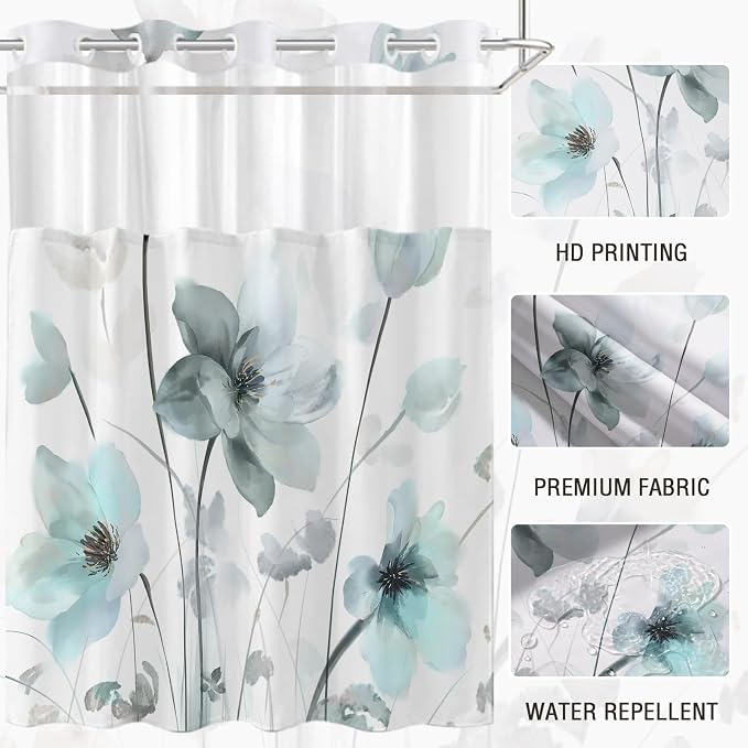 No Hook Shower Curtain and Liner Set, Teal Blue Boho Floral 71x74 | Watercolor Boho Flower, with Snap in Liner, Waterproof, Machine Washable, Quick-Drying, for Hotel Bathroom