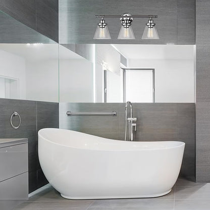 Globe Electric 51234 5-Piece All-in-One Bathroom Set, Chrome, 23" 3-Light Vanity Wall Light with Clear Glass Shades, Towel Bar and Ring, Robe Hook, Toilet Paper Holder, Beauty Room Accessories