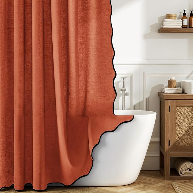 MIULEE 84" Long Burnt Orange Scalloped Linen Shower Curtain 72W x 84L | 12 metal hooks, Linen scalloped, waterproof washable, thick heavy cloth, black border, boho farmhouse, bathroom hotel use