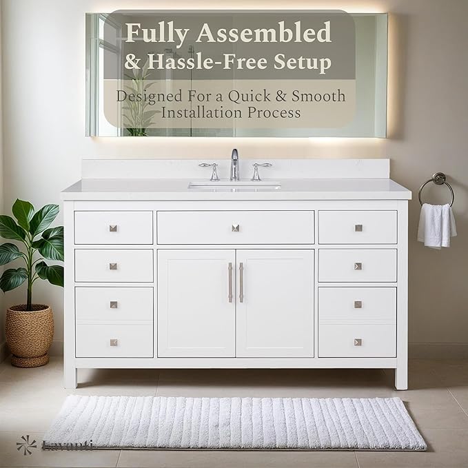 Lavanti Oakford 60 Inch Bathroom Vanity with Sink – Stylish White Vanity Bathroom with Storage Cabinet – Modern Bathroom Vanities with Single Vanity Sink & Quartz Countertop