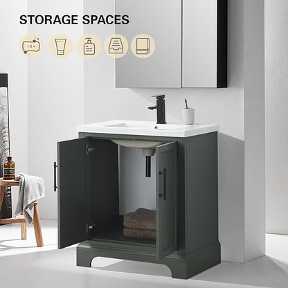 HOMEBEYOND 30 Inch Bathroom Vanity with Single Sink & Ceramic Top, Vanity Cabinet with Center Countertop Basin, Soft-Closing Doors, Vintage Green