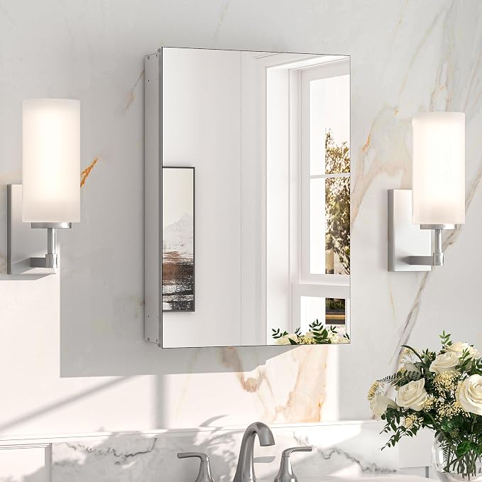 Keonjinn Medicine Cabinet with Mirror 16 x 24 Inch, Lightweight Aluminum | Effortless Assembly, Freely Adjustable Shelves, Safer Tempered Glass, Wall-mounted or Recessed, Soft Close DTC Hinges, Silver