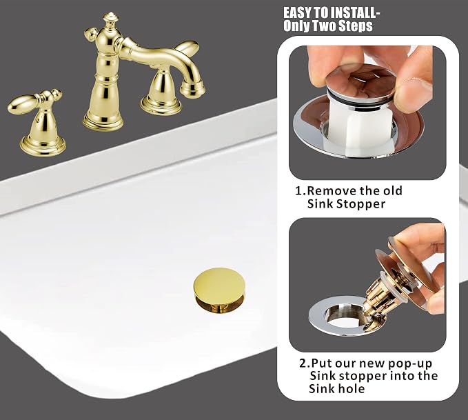 Universal Bathroom Sink Drain Stopper, Fits Most Pop-Up Drains for Vessel Sink Lavatory Vanity, Sink Drain Strainer with Detachable Hair Catcher, Tested by Plumber in US (Polished Brass)