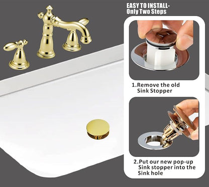 Universal Bathroom Sink Drain Stopper, Fits Most Pop-Up Drains for Vessel Sink Lavatory Vanity, Sink Drain Strainer with Detachable Hair Catcher, Tested by Plumber in US (Polished Brass)