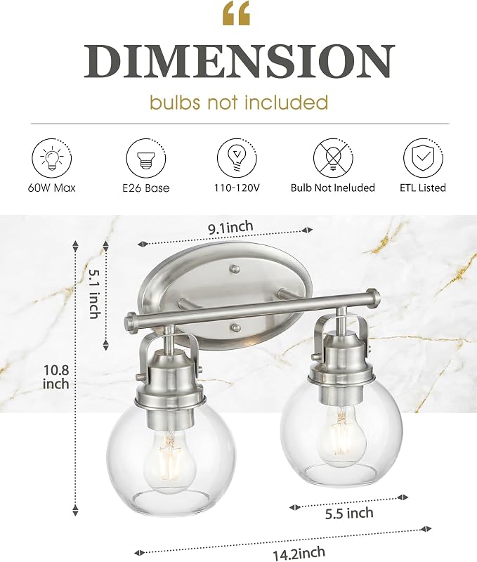 Bathroom Light Fixtures, 2-Light 14" Brushed Nickel Vanity Lights with Clear Globe Glass Shades, Farmhouse Vintage Vanity Lighting Fixtures Over Mirror, E26 Base, AD-2147-2W-SN