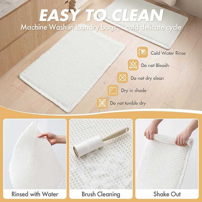 MIULEE Set of 2 Waffle Bathroom Rugs Boho Bath Mat White 17"x24"+20"x47" | Non Slip, Super Absorbent, Washable, Ultra Soft, Rubber Backed, Small Bath Rug and Bathroom Runner for Floor Tub Shower