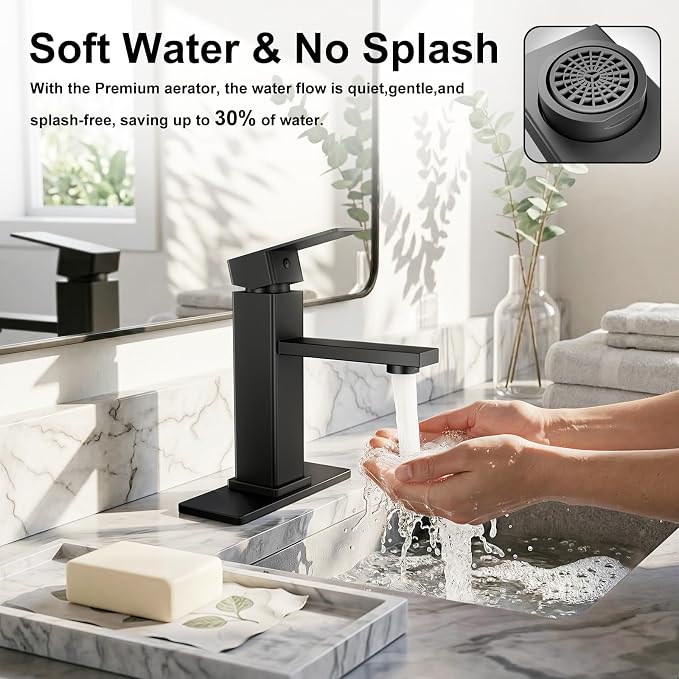Black Bathroom Faucet Single Hole with Pop-Up Drain | Single Handle Bathroom Sink Faucet with Deck Plate, Suitable for RV, Farmhouse, Vanity Sinks, 1 or 3 Hole Installation