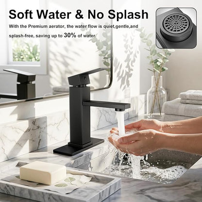 Black Bathroom Faucet Single Hole with Pop-Up Drain | Single Handle Bathroom Sink Faucet with Deck Plate, Suitable for RV, Farmhouse, Vanity Sinks, 1 or 3 Hole Installation