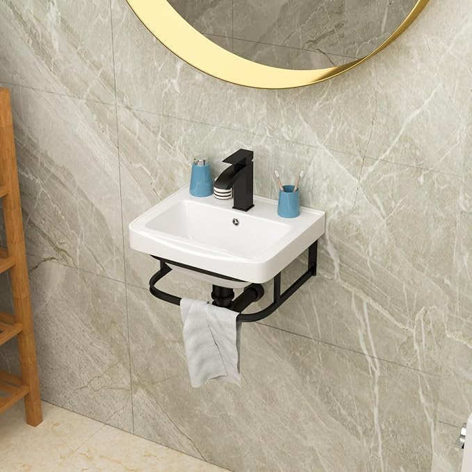 Lordear Wall Mounted Bathroom Sink with Towel Rack 17 x 14 Inch Modern Black Wall Hung Sink for ADA Bathrooms, Rectangular One Hole Porcelain Vanity Sinks