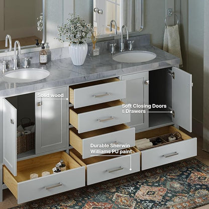 ARIEL Cambridge 72-inch Bathroom Vanity with Sink,Solid Wood, 2-inch Italian Carrara Marble Countertop & Backsplash, Double Oval Porcelain Sink, 4 Soft Closing Doors, 6 Dovetail Drawers, Grey