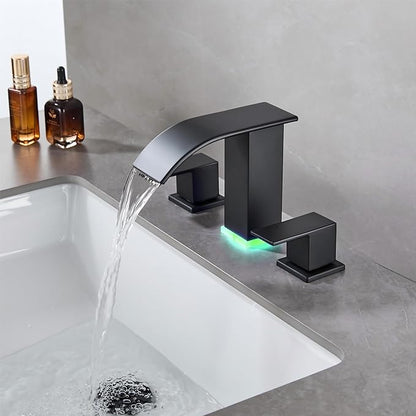 Bathroom Faucets 8 Inch Widespread Bathroom Sink Two Handles Matte Black Modern 3 Hole Waterfall Vanity Sink Faucet for 3 Hole with LED Light with Pop Up Drain
