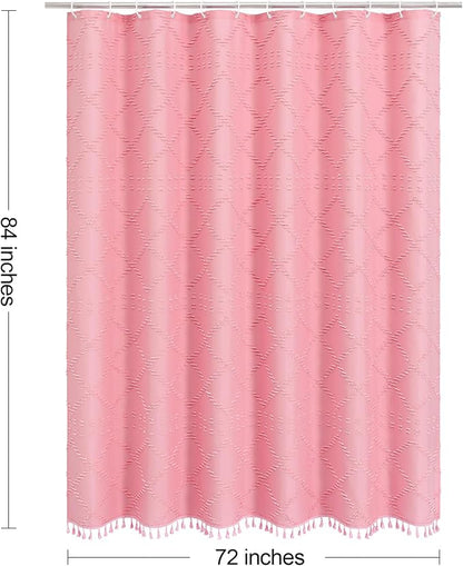Extra Long Pink Boho Woven Fabric Shower Curtain with Tassel 72 x 84, Bohemia Tufted Chevron Striped Chic Textured, Waterproof Cloth Curtain for Bathroom, Modern Farmhouse Minimalist
