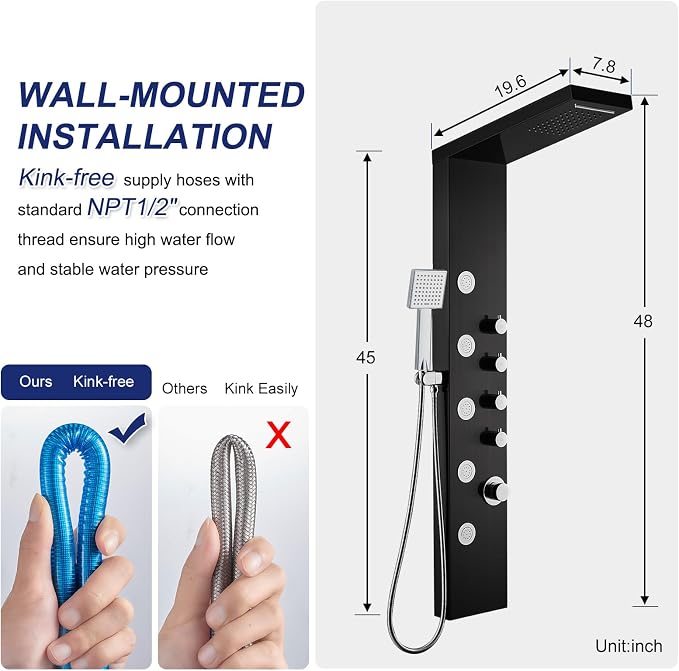 ROVATE 4-in-1 Rainfall Waterfall Shower Panel Tower System, Black | Shower Column with Body Massage Jets and Handheld, Stainless Steel High Pressure, Use Multiple Functions Simultaneously