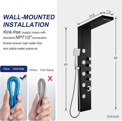 ROVATE 4-in-1 Rainfall Waterfall Shower Panel Tower System, Black | Shower Column with Body Massage Jets and Handheld, Stainless Steel High Pressure, Use Multiple Functions Simultaneously