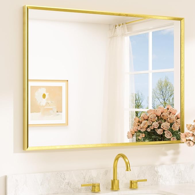 Brushed Gold Vanity Mirror for Bathroom 40" x 30" Brushed Brass Rectangle Beveled Framed Bathroom Wall Mirror for Over Sink, Tempered Glass, Modern Farmhouse Bedroom, Entryway, Living Room