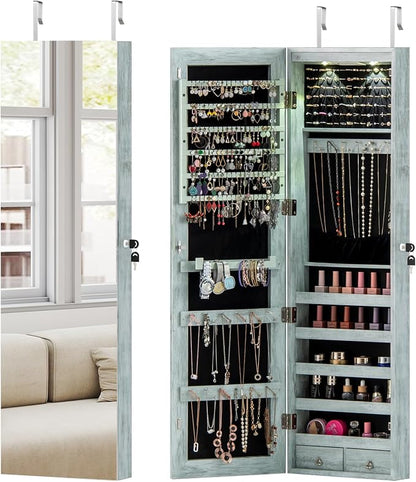COSTWAY Wall Door Mounted Jewelry Armoire with 47.5" Full Length Mirror & 2 LED Lights, Large Storage Capacity, Lockable Mirror Jewelry Cabinet for Women Girls (Vintage Blue)