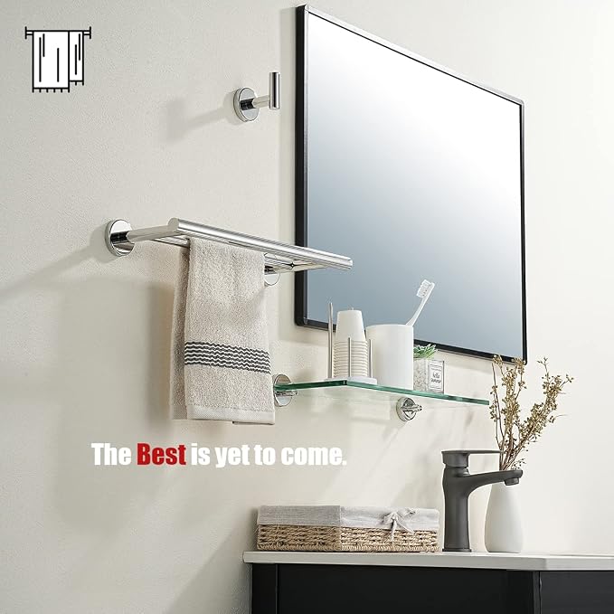 JQK Double Towel Bar Chrome, 15 Inch 304 Stainless Steel Thicken 0.8mm Towel Rack Holder for Bathroom Washcloths and Hand Towels, Polished Steel Wall Mount, Useable Length 12 Inch, TB100L12-CH