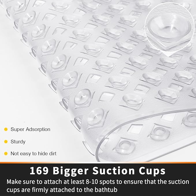 Yimobra Square Shower Mat Non Slip, Super Strong Suction Cups, 21"X21" Bath Tub Mat with Drain Holes, Machine Washable Fast Draining Bath Mats, Bathroom Essentials,Clear