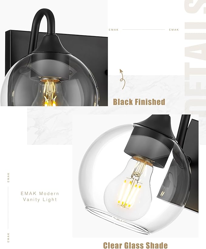 Emak Modern 29 Inch Black Vanity Lights, 4-Light Bathroom Vanity Light with Clear Glass Shade, Farmhouse Globe Bathroom Light Fixtures Over Mirror, VL118-BK-CG-4