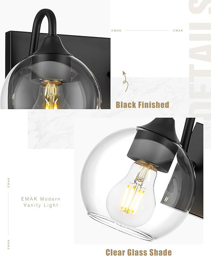 Emak Modern 29 Inch Black Vanity Lights, 4-Light Bathroom Vanity Light with Clear Glass Shade, Farmhouse Globe Bathroom Light Fixtures Over Mirror, VL118-BK-CG-4