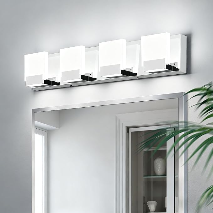 4 Light Bathroom Light fixtures - LED Bathroom Lights Over Mirror - Modern Chrome Vantiy Light 6000K Cool Whtie