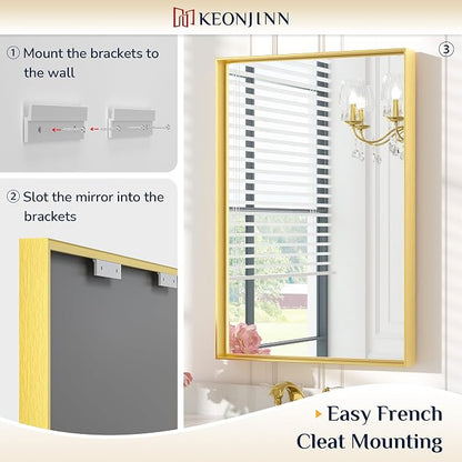 Keonjinn 60x40 Inch Gold Bathroom Mirror for Over Sink, Rectangular | HD Tempered Glass, Vanity Mirror, Brushed Framed, Square Corner, Modern Farmhouse, Wall Mounted Mirrors, Aluminum Alloy