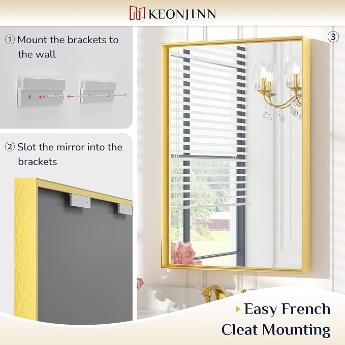Keonjinn 28x36 Inch Gold Bathroom Mirror for Over Sink, Vanity Mirror | HD Tempered Glass, Rectangular, Brushed Framed, Square Corner, Modern Farmhouse, Wall Mounted Mirrors, Aluminum Alloy