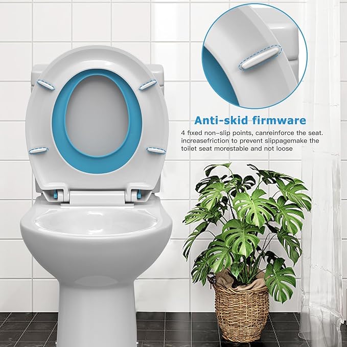19" Elongated Potty Training Toilet Seat, Built-In Soft Quiet-Close Lid with Magnetic Blue Kids Seat and Non-Slip Design, Easy to Install and Clean