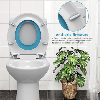 19" Elongated Potty Training Toilet Seat, Built-In Soft Quiet-Close Lid with Magnetic Blue Kids Seat and Non-Slip Design, Easy to Install and Clean