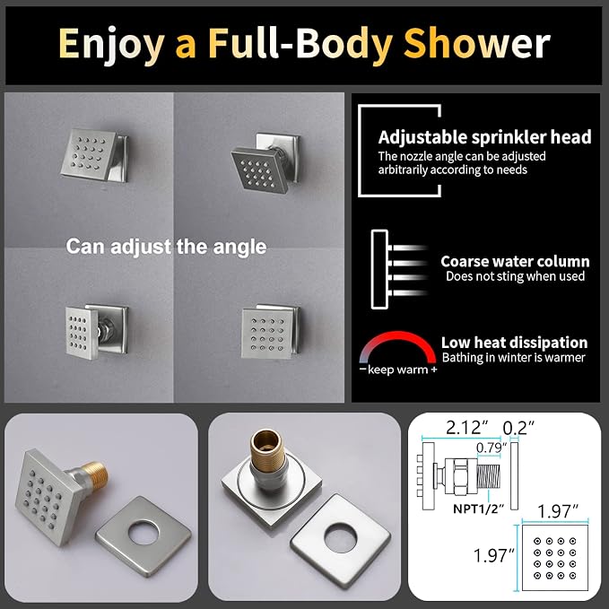 Brushed Nickel Thermostatic Shower System Full Body Rain Shower System AYIVG Temperature Display Shower Faucets Sets 12 Inch LED Rain Ceiling Shower System With 6PCS Body Spray Can Run Together